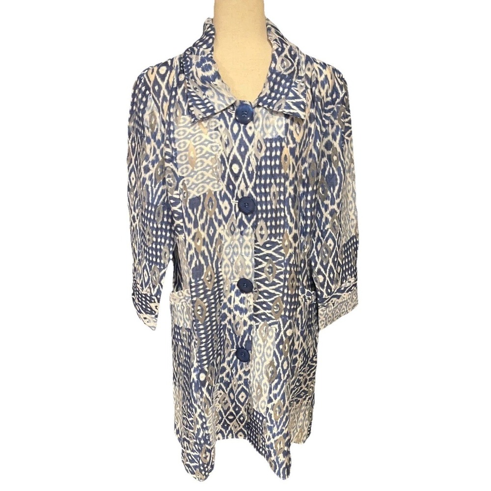 NWT Samuel Dong Jacket Women XL Blue White Print Textured Sheer